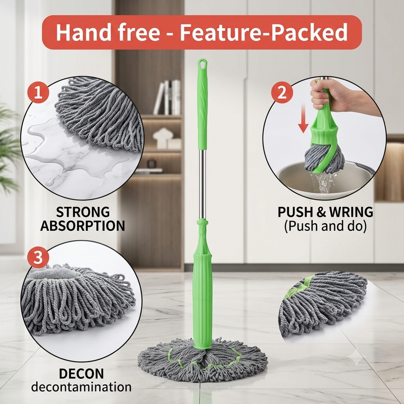 Hand-Free Self-Wringing Twist Mop with 360° Rotating Long Handle