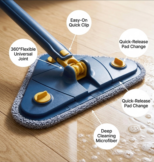 360° Rotating Triangular Cleaning Mop – Extendable Long Handle Wall & Floor Cleaning Brush