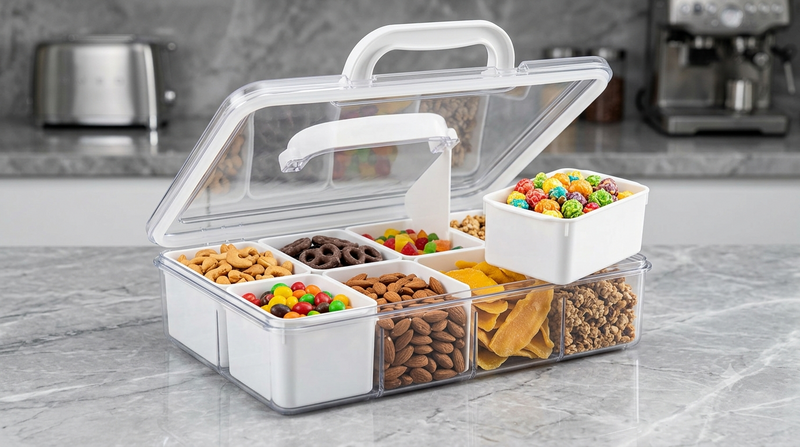 Multi-Section Portable Snack Storage Box|Kitchen Snack Organizer with Handle