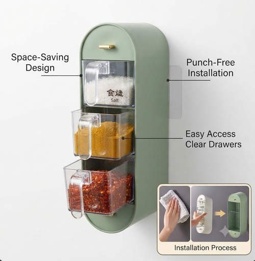Wall-Mounted 3-Tier Kitchen Spice Organizer – Space Saving Seasoning Box