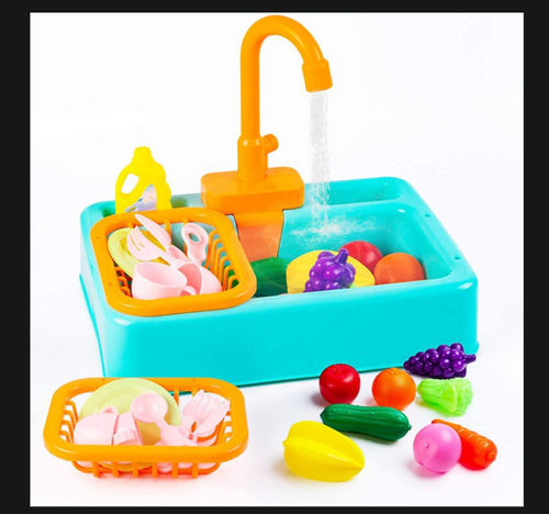 Kids’ Realistic Kitchen Sink Toy Set with Running Water & Play Food Accessories