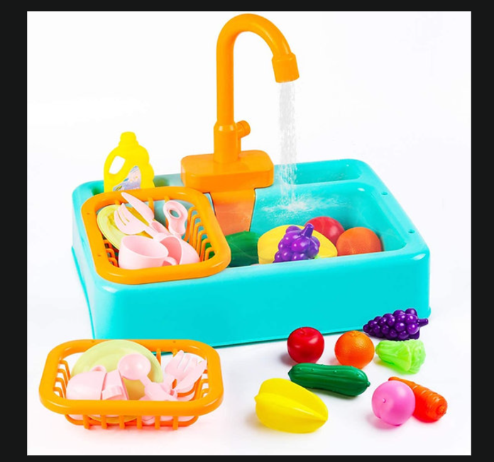 Kids’ Realistic Kitchen Sink Toy Set with Running Water & Play Food Accessories